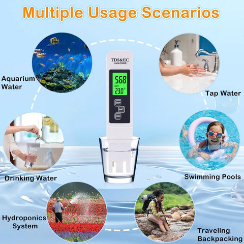 4 In 1 TDS Meter Digital Water Tester With TDS EC And Temp Measurement for drinking water, aquarium, pools, and hydroponics system.