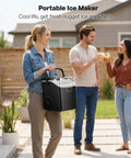 Person holding Nugget Ice Maker Countertop With Handle Ready In Four Minutes Produces Up To Forty Pounds Per Day Chewable Sonic Ice Self Cleaning Portable Ice Maker With Basket And Scoop For Home Party RV Camping Black outdoors