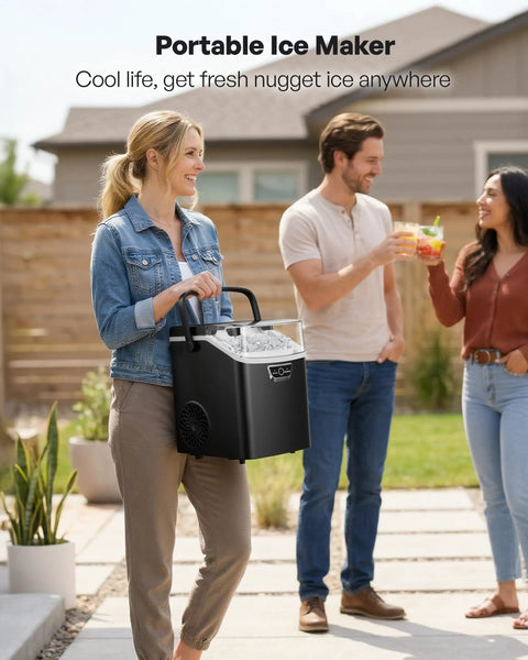 Person holding Nugget Ice Maker Countertop With Handle Ready In Four Minutes Produces Up To Forty Pounds Per Day Chewable Sonic Ice Self Cleaning Portable Ice Maker With Basket And Scoop For Home Party RV Camping Black outdoors