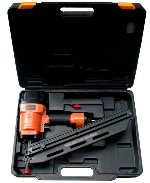21 Degree Full Round Head Framing Nailer With Tool-Free Depth Adjust, shown in open carrying case.