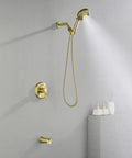 Brushed Gold Tub And Shower Faucet Set With Waterfall Spout Wall Mount Shower System Includes 5 Inch Shower Head And 9 Setting Handheld Sprayer Valve Included Easy Install Modern Bath Upgrade showing handheld sprayer in use