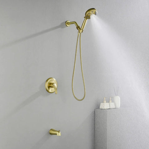 Brushed Gold Tub And Shower Faucet Set With Waterfall Spout Wall Mount Shower System Includes 5 Inch Shower Head And 9 Setting Handheld Sprayer Valve Included Easy Install Modern Bath Upgrade showing handheld sprayer in use
