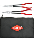 Extra Long 11 Inch Needle Nose Pliers Set With Keeper Pouch For Auto And Mechanical Work displayed above a black pouch