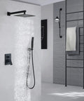 Matte Black Shower System With 10 Inch Rain Shower Head And High Pressure Faucet Set All Metal Brass Handheld in modern bathroom