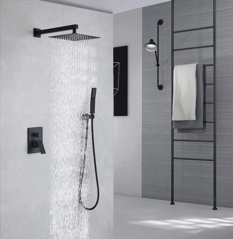 Matte Black Shower System With 10 Inch Rain Shower Head And High Pressure Faucet Set All Metal Brass Handheld in modern bathroom