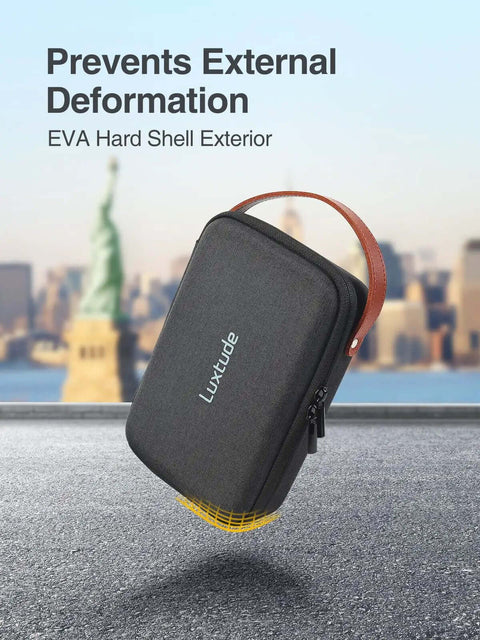 Heavy Duty Hard Eva Case With Removable Soft Foam For Kickass Shockproof Camera And Drone Storage Featuring Crush Resistant Oxford Exterior and Road Ready Travel Shield, black, with strap, hard shell, on street.