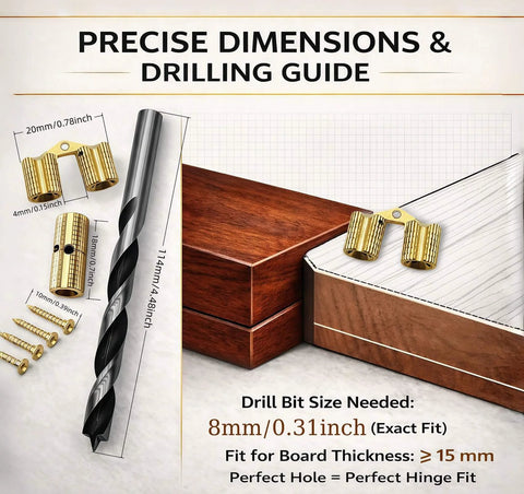 8 Pcs 8mm Solid Brass Hidden Barrel Hinges With Matching Drill Bit And Screws, 180 Degree Concealed Small Hinges Guide