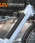 Close-up of 48V removable battery on blue electric bike, highlighting the 1000W motor and 26 inch step through frame.