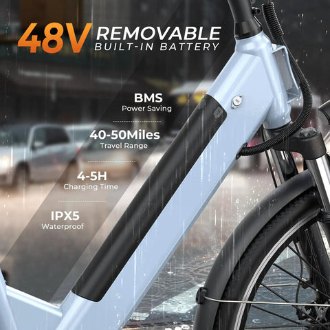 Close-up of 48V removable battery on blue electric bike, highlighting the 1000W motor and 26 inch step through frame.