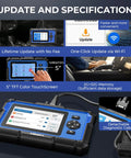 OBD2 Scanner Pro Grade With 9 Reset Services for ABS SRS AT Engine Oil Brake TPMS DPF SAS BMS Injector Coding shown with touchscreen and cable.
