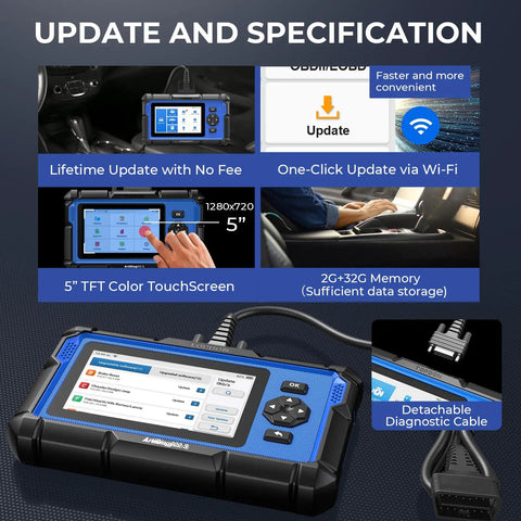 OBD2 Scanner Pro Grade With 9 Reset Services for ABS SRS AT Engine Oil Brake TPMS DPF SAS BMS Injector Coding shown with touchscreen and cable.
