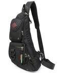 Side view of black Dope Ultra Lightweight Sling Bag For Men And Women Crossbody Chest Pack For Outdoor Travel with zippers and pocket detail