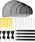 Components of the 30 Ft Baseball And Softball Batting Cage Portable Backyard Training Net with pegs, stakes, and poles displayed