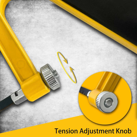 6 Inch Mini Hacksaw And Miter Block Set With Bi-Metal Blade Extra Fine Cut For Wood Plastic Glass Metal DIY Home Renovation And Craft Projects A Handy Portable Hand Saw Kit tension adjustment knob close-up