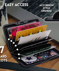 RFID Blocking Aluminum Premium Grade Wallet Card Holder with Secure Clasp Slim Metal Wallet for Men and Women 125KHz Shield Travel Buddy for Everyday Carry showing accordion style card slots.