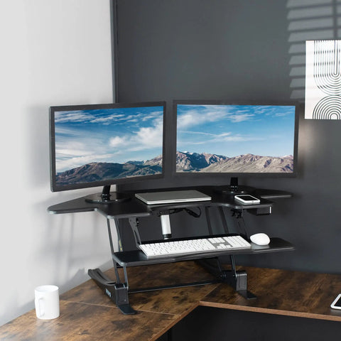 43 Inch Corner Electric Height Adjustable Desk Riser For Dual Monitors, Sit To Stand Tabletop Converter With USB Port, VE Series Black Finish
