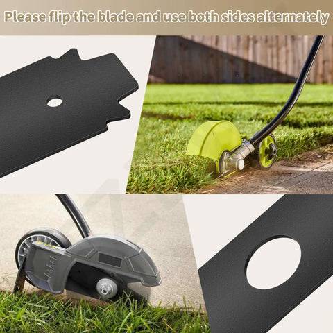 Two Pack 8 Inch Reversible Heavy Duty Hardened Steel Edger Blade For Expand It System Compatible With Ryobi UT50500 UT15518 RY15518 RYEDG11 P2310 P2300B Tough As Nails Replacement Edger Blade shown in various installation views.