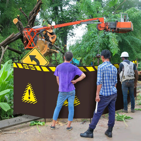 Arborists using Top Notch Heavy Duty Debris Containment Barrier For Tree Work 4 Panel Safety Barricade Foldable Oxford Fabric Shield