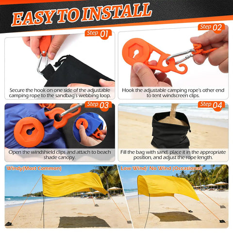 Illustrated steps for using the Three Pack Beach Shade Accessories Kit with nylon ropes and ratchet pulleys for wind stabilization.
