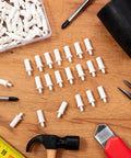 120 Pcs Spring Loaded Plantation Shutter Repair Pins With Heavy Duty Design For A Hella Easy Diy Window Blind Fix That Makes Home Upgrades A Total Breeze Today laid out on a wooden surface with tools.