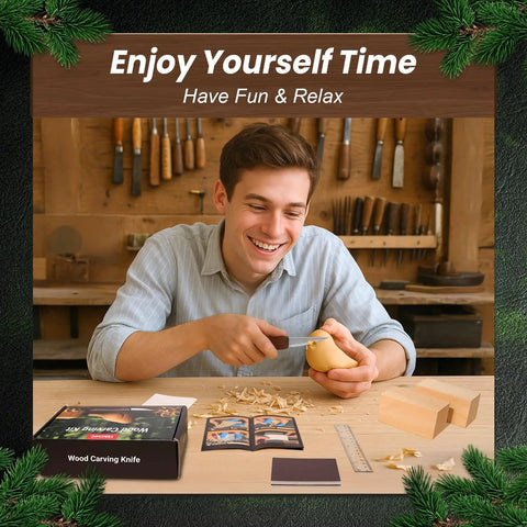 Smiling person using Beginner Friendly Wood Carving Kit For Adults And Kids 13 Piece Whittling Tools Bird Carving Set