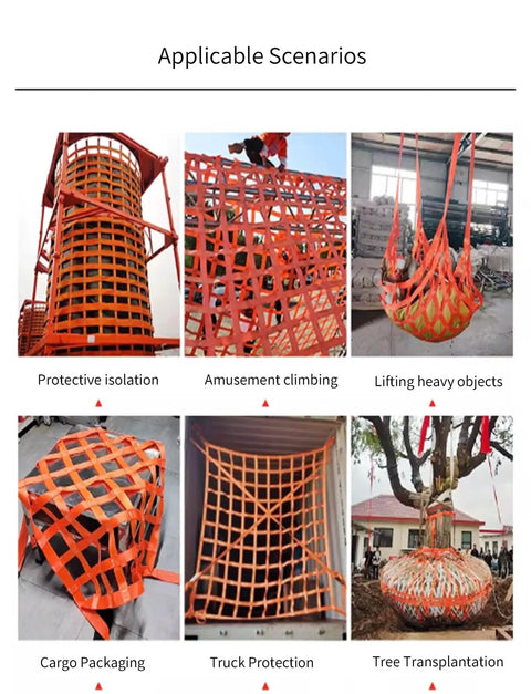 Heavy Duty Cargo Hoisting Net With Three Ton Lift Capacity And Flat Polyester Straps used for protective isolation and truck packaging.