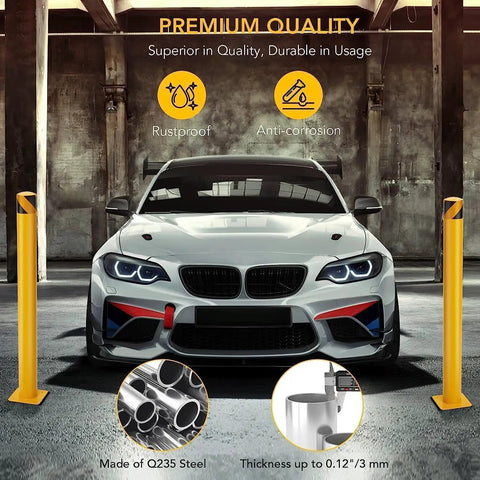 Built Tough Safety Bollard 6 Pack With 48 Inch Height And 4.5 Inch Diameter Bright Yellow Steel Posts in a garage setup.