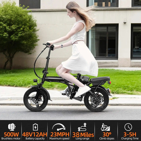 Foldable Electric Bike For Adults And Teens, Hits 23 MPH With Pedal Assist, 38 Mile Range, Powerful 500W Motor, 48V 12Ah Battery, 14 Inch Folding Ebike, 3 Speed Modes, City Commuter Ready black folding ebike on street with rider