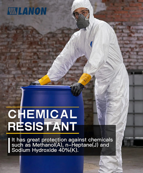 Individual in protective suit and Thick PVC Chemical Gloves For Heavy Duty Work Non Slip Grippy Dexterity Acid Alkali And Oil Resistant EN 374 388 Certified Large Size handling chemical drum