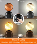 Small Touch Bedside Table Lamp With USB Port And Outlet showing 3 color temperature modes and touch control with Mars texture shade