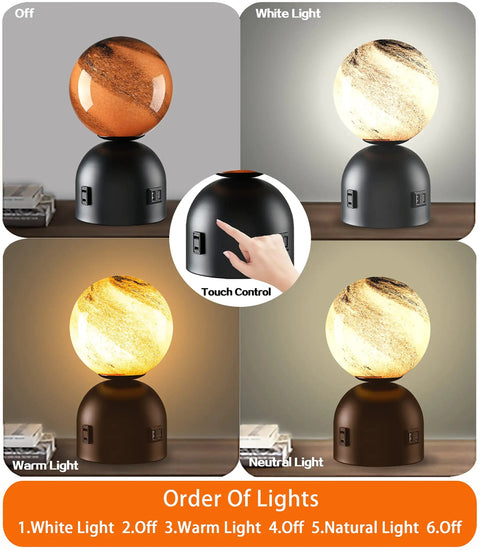 Small Touch Bedside Table Lamp With USB Port And Outlet showing 3 color temperature modes and touch control with Mars texture shade