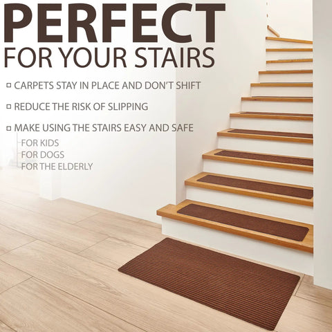 Non Slip Stair Treads For Wood Stairs 14 Pack 8.5 By 30 Inches With Landing Rug And Brush Indoor Brown Stair Runners