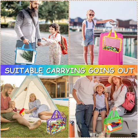 Six Pack Large Clear Toy Storage Bags with Labels, multicolor reusable PVC organizer shown in outdoor use with families.
