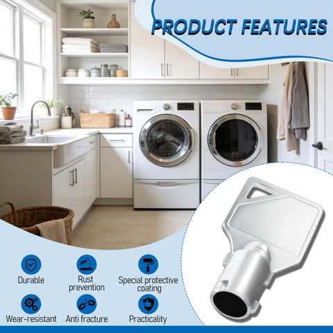 Set Of Five Replacement Keys For Speed Queen Coin Laundry Machines GR777 GR800 GR888 GR100 GR999 For Commercial Washers And Dryers Great For Coin Operated Units And Maintenance displayed with washer and dryer in a laundry room