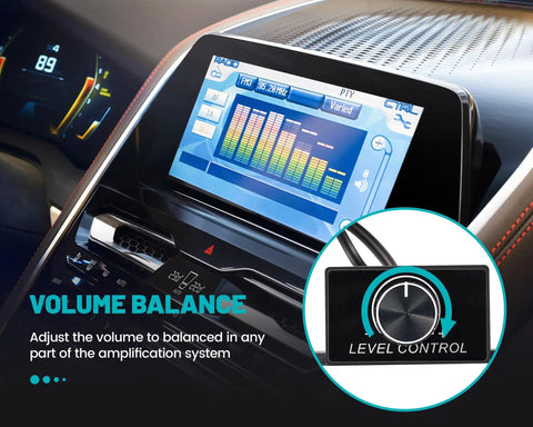 Universal Car Amplifier RCA Level Controller with Dope Bass Control Knob in car dashboard setup