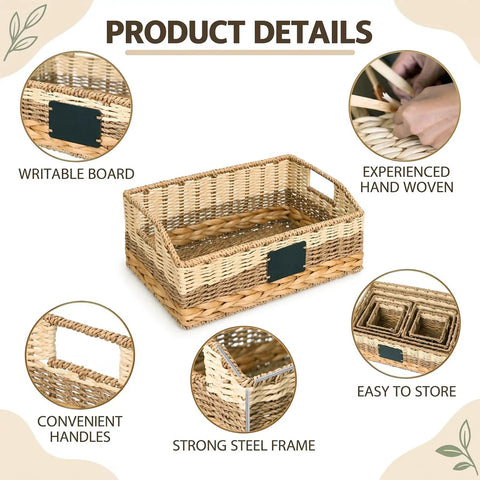 Six Premium Handcrafted Wicker Pantry Baskets And Closet Storage Organizers With Matched Chalkboard Labels For Kitchen Decluttering Straight Up Game Changer Storage Set with writable board detail