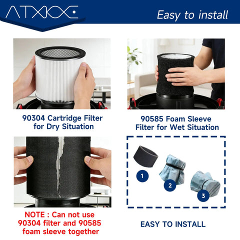 Replacement Filter Kit For 5 Gallon And Up Wet Dry Vacs Includes Dry Filter And Foam Sleeve Compatible With 90304 90350 90333 90585 And More Fits Multiple Vacuum Models For Quick Cleanups showing 90304 dry filter and 90585 foam sleeve