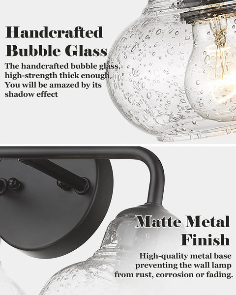 Close-up of Dope Three Light Farmhouse Style Bathroom Vanity Light With Globe Bubble Glass Shades and Matte Black Finish