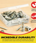 Open box displaying Zinc Self Drilling Drywall Anchors Kit with screws, heavy duty hollow wall anchors with wide screw fins and stainless steel.