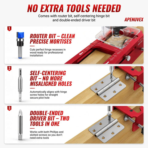 Job Site Ready Door Hinge Jig Kit And Lock Installation Template With Tough Hard Shell Storage Case shows router bit and driver features.