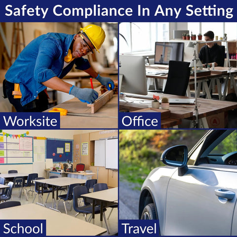 MFASCO Stop The Bleed 10-piece kit collage across worksite, office, school, and travel scenes.