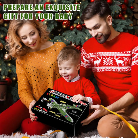 Family opening Metal 1 To 32 Scale Fighter Airplane Kit With 331 Parts 13 Inch Long DIY STEM Model For Kids under Christmas tree.