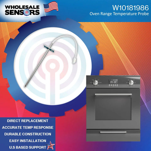 Replacement Oven Temperature Sensor W10181986 For Range with an image of the sensor and a modern oven.