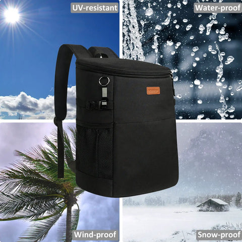 Soft Backpack Cooler For 30 Cans, Insulated Leakproof Travel Lunch Tote against varied weather backgrounds showing versatility
