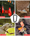 Heavy Duty 3 Inch Carabiner Clip For Hammocks And Gear D Shaped Spring Hook Clip For Camping Hiking Keychains Dog Leash Harness And Key Ring 880 Lbs Black Pack Of 2 with images of outdoor activities and gear use.