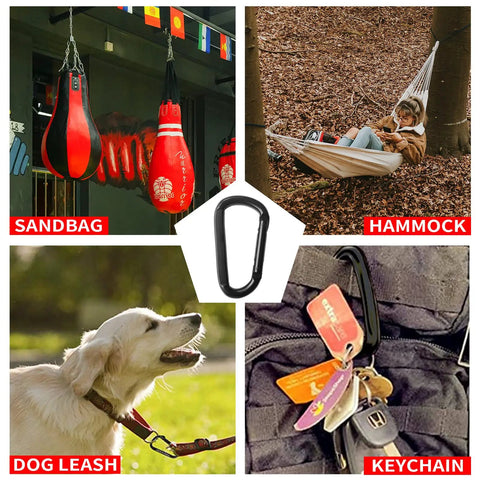 Heavy Duty 3 Inch Carabiner Clip For Hammocks And Gear D Shaped Spring Hook Clip For Camping Hiking Keychains Dog Leash Harness And Key Ring 880 Lbs Black Pack Of 2 with images of outdoor activities and gear use.