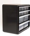 Side view of a black 12-Drawer Parts Organizer with clear view drawers, wall mountable for easy access to small hardware and tools.