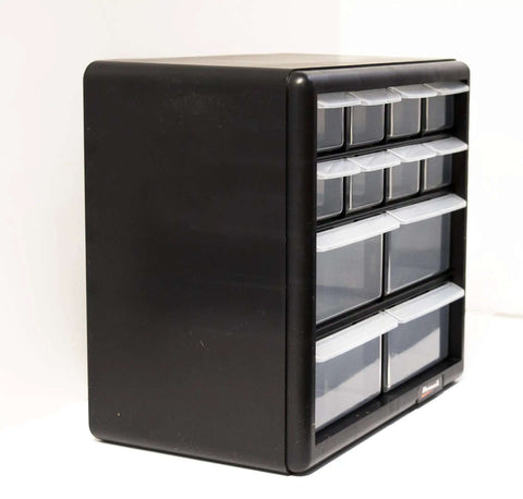 Side view of a black 12-Drawer Parts Organizer with clear view drawers, wall mountable for easy access to small hardware and tools.