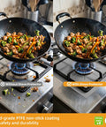 Comparison of gas stove with vegetables in a wok, left image without protection shows spills, right with Gas Stove Burner Covers Heat Resistant Reusable Burner Liners For No Mess Cleanup And Spill Prevention Easy To Clean Stove Top Protectors For Kitchen Gas Ranges 8 Pack Silver showing a clean stove top.
