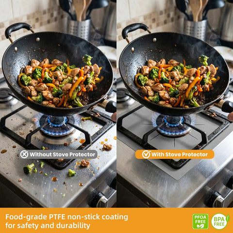 Comparison of gas stove with vegetables in a wok, left image without protection shows spills, right with Gas Stove Burner Covers Heat Resistant Reusable Burner Liners For No Mess Cleanup And Spill Prevention Easy To Clean Stove Top Protectors For Kitchen Gas Ranges 8 Pack Silver showing a clean stove top.
